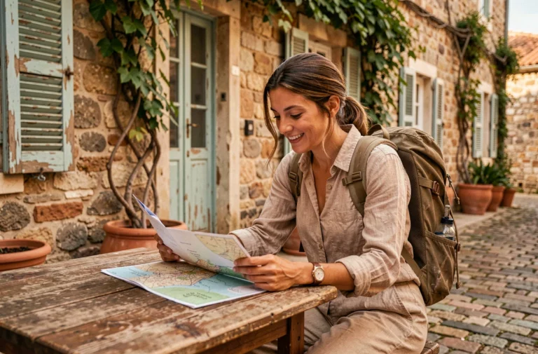 Voyageuse consultant une carte artisanale devant un café de village au Portugal, ambiance authentique et dépaysante