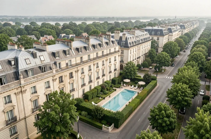 Vue aérienne oblique d'un immeuble de luxe parisien avec cour intérieure et terrasse dans le 16e arrondissement