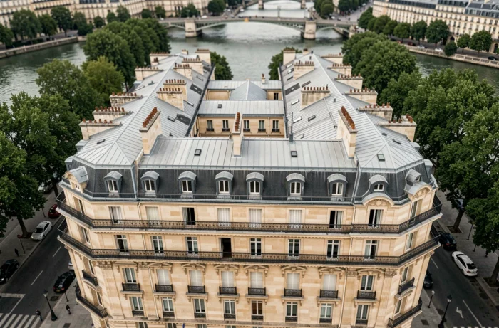 Vue aérienne verticale d'un immeuble haussmannien à Paris avec toits en zinc et façades en pierre calcaire