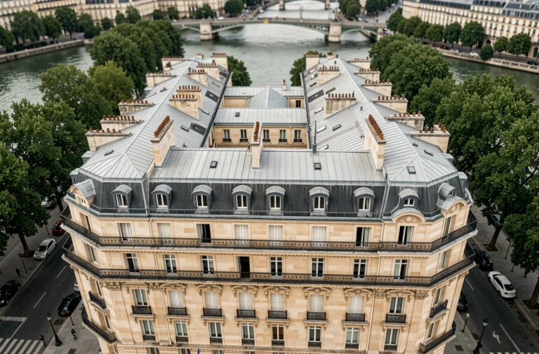 Vue aérienne verticale d'un immeuble haussmannien à Paris avec toits en zinc et façades en pierre calcaire