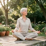 Femme de 60 ans pratiquant le yoga sur une terrasse en bois entourée d'un jardin verdoyant, illustrant le bien-être après 60 ans