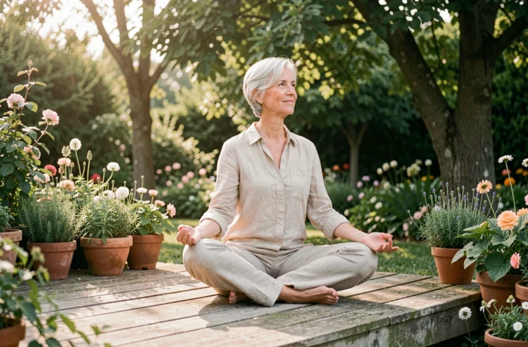 Femme de 60 ans pratiquant le yoga sur une terrasse en bois entourée d'un jardin verdoyant, illustrant le bien-être après 60 ans